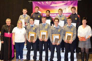 Students from the Patrician Academy with their Award Leader Ms Harte and Bishop Crean
