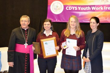 Students from Presentation Convent Secondary School Mitchelstown with Bishop Crean and Ms Kent