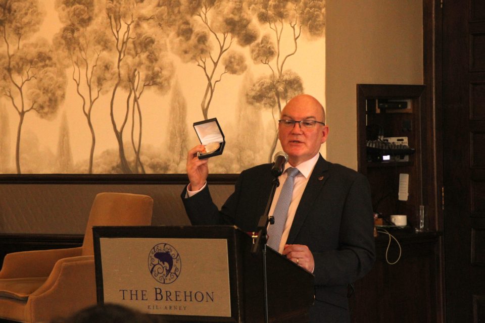 Tony Brennan, National Coordinator of the Pope John Paul II Award, presenting the Papal Cross Award medal during the launch of the programme in the Diocese of Kerry.